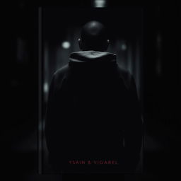 Vague, simple, minimalist dark book cover design featuring the back view of a man in a hoodie