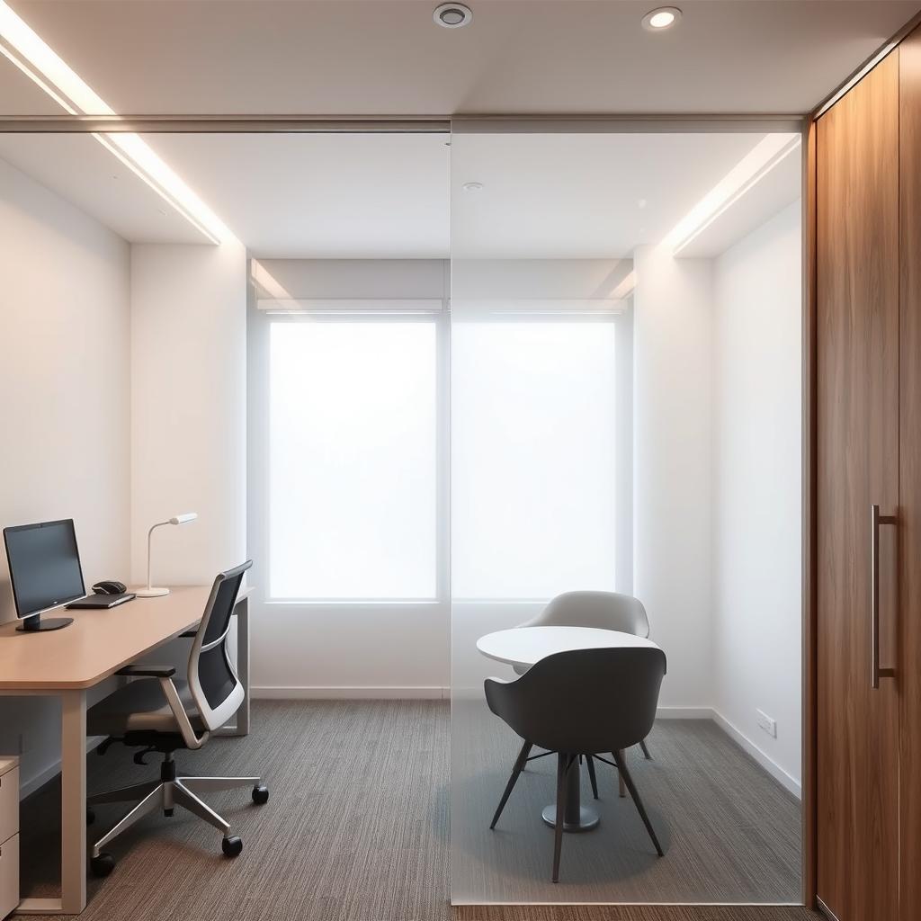 Interior design of a 30 square meter office space featuring two distinct areas: a workspace with two desks and a separate meeting room