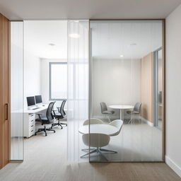 Interior design of a 30 square meter office space featuring two distinct areas: a workspace with two desks and a separate meeting room