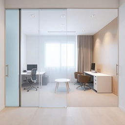 Interior design of a 30 square meter office space featuring two distinct areas: a workspace with two desks and a separate meeting room