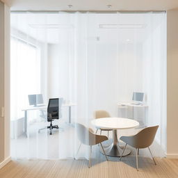 Interior design of a 30 square meter office space featuring two distinct areas: a workspace with two desks and a separate meeting room