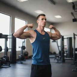 A strong and tall man, exerting effort as he stretches wholeheartedly in a well-equipped gym.