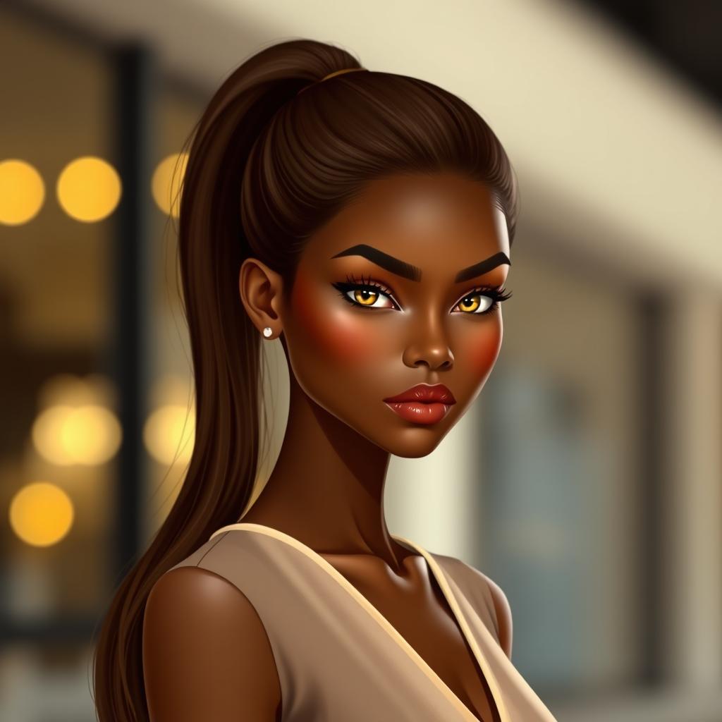 a tall, slender, and attractive dark-skinned girl with a shoulder-length ponytail of rich brown hair, featuring high cheekbones and a long oval face