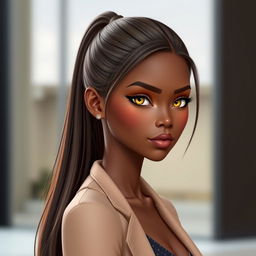 a tall, slender, and attractive dark-skinned girl with a shoulder-length ponytail of rich brown hair, featuring high cheekbones and a long oval face