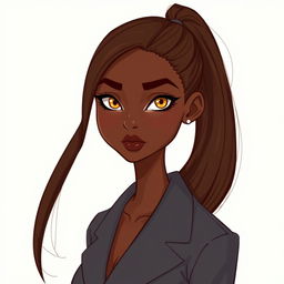 a tall, slender, and attractive dark-skinned girl with a shoulder-length ponytail of rich brown hair, featuring high cheekbones and a long oval face