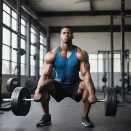 A strong and tall man, exerting effort as he stretches wholeheartedly in a well-equipped gym.