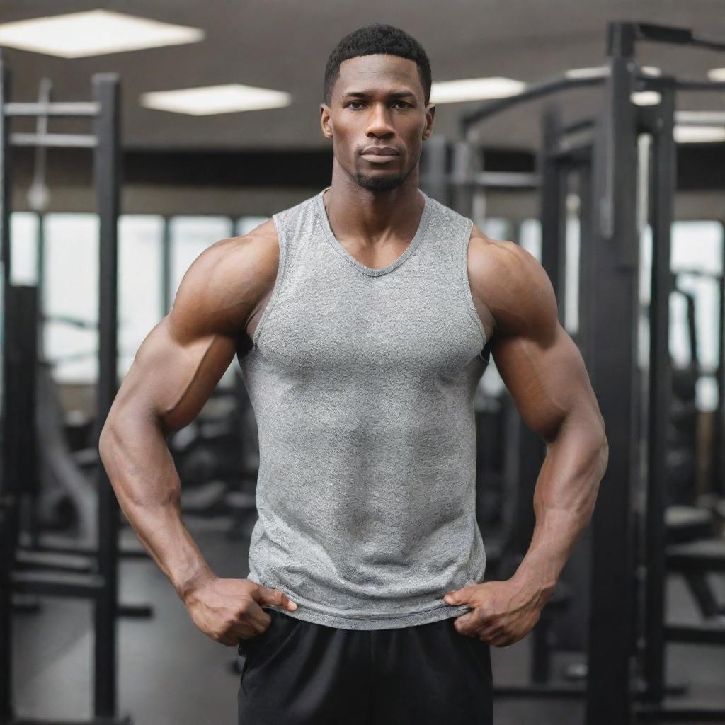 A strong and tall man, exerting effort as he stretches wholeheartedly in a well-equipped gym.