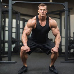 A strong and tall man, exerting effort as he stretches wholeheartedly in a well-equipped gym.