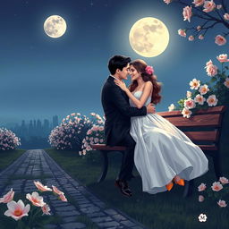 A romantic scene of two lovers embracing under the moonlight, surrounded by blooming flowers