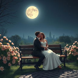 A romantic scene of two lovers embracing under the moonlight, surrounded by blooming flowers