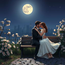 A romantic scene of two lovers embracing under the moonlight, surrounded by blooming flowers