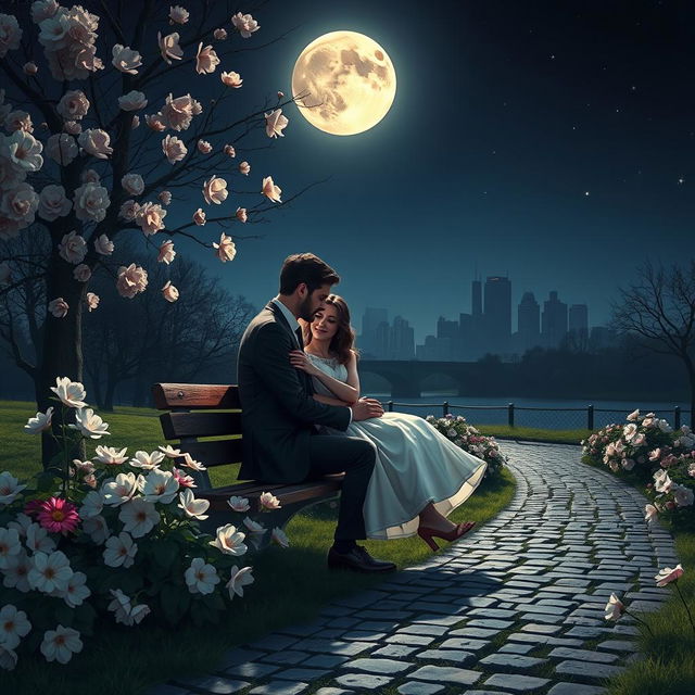 A romantic scene of two lovers embracing under the moonlight, surrounded by blooming flowers