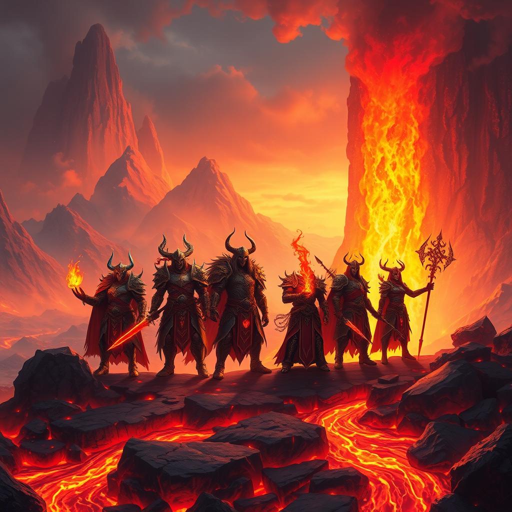 A group of elemental warriors and fire mages stand majestically at the edge of a glowing volcanic forge, surrounded by intense molten rivers and flickering flames