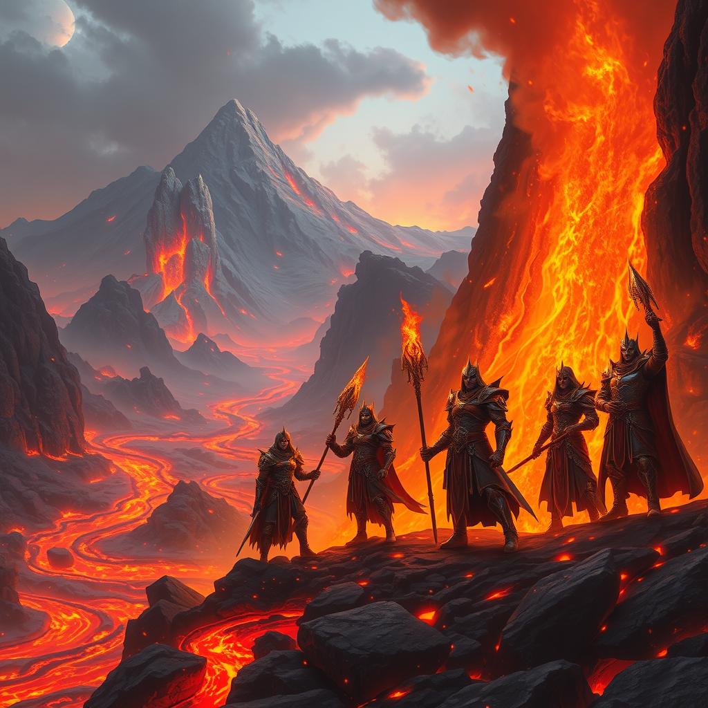 A group of elemental warriors and fire mages stand majestically at the edge of a glowing volcanic forge, surrounded by intense molten rivers and flickering flames