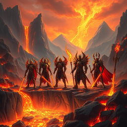 A group of elemental warriors and fire mages stand majestically at the edge of a glowing volcanic forge, surrounded by intense molten rivers and flickering flames