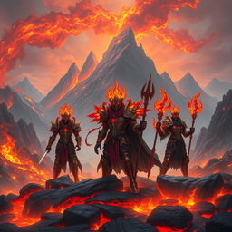 A group of elemental warriors and fire mages stand majestically at the edge of a glowing volcanic forge, surrounded by intense molten rivers and flickering flames