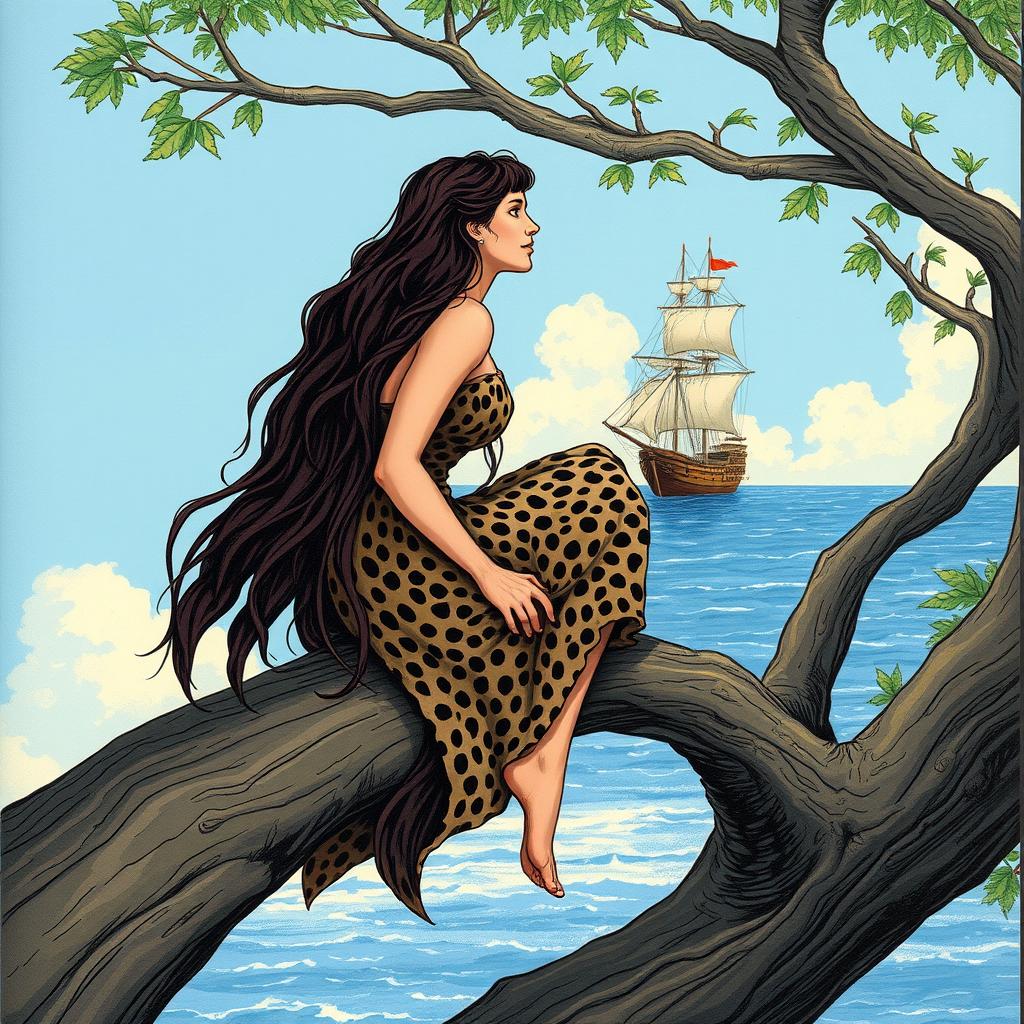 A wild woman perched in a tree, gazing afar at an approaching ship on the sea