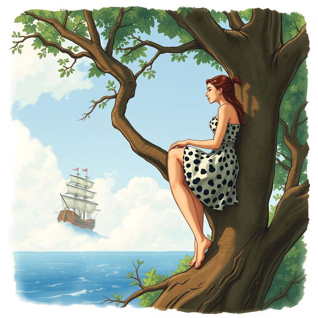 A wild woman perched in a tree, gazing afar at an approaching ship on the sea