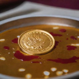 A beautiful golden coin in the process of melting, symbolizing a traditional Tamil wedding ceremony.