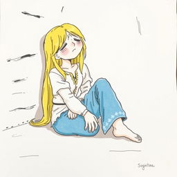 A realistic hand-drawn illustration of Cenerentola sitting on the floor, crying because she is locked in a dark cellar by her stepmother