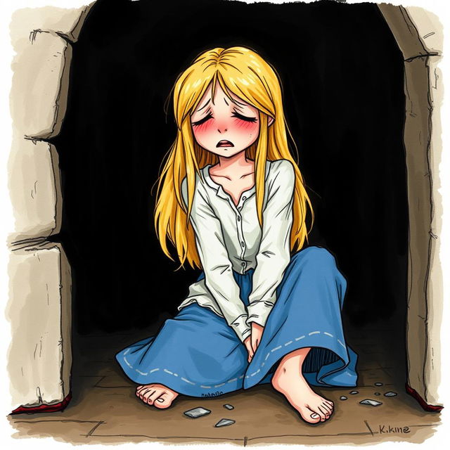 A realistic hand-drawn illustration of Cenerentola sitting on the floor, crying because she is locked in a dark cellar by her stepmother