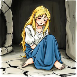 A realistic hand-drawn illustration of Cenerentola sitting on the floor, crying because she is locked in a dark cellar by her stepmother