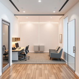 Design of a 30-square meter rectangular office divided into 2 spaces with PVC blinds and lights between the blinds