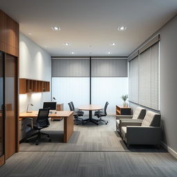 Design of a 30-square meter rectangular office divided into 2 spaces with PVC blinds and lights between the blinds