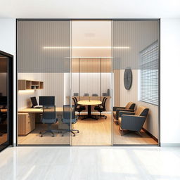 Design of a 30-square meter rectangular office divided into 2 spaces with PVC blinds and lights between the blinds