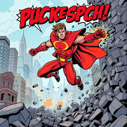 A dynamic superhero in action, depicted mid-leap with a powerful punch breaking through a wall of debris