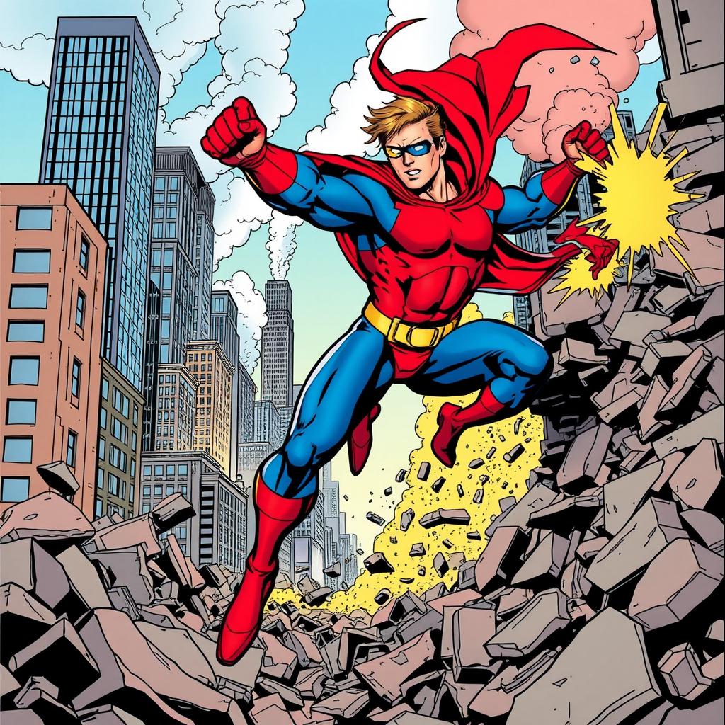 A dynamic superhero in action, depicted mid-leap with a powerful punch breaking through a wall of debris