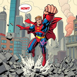 A dynamic superhero in action, depicted mid-leap with a powerful punch breaking through a wall of debris