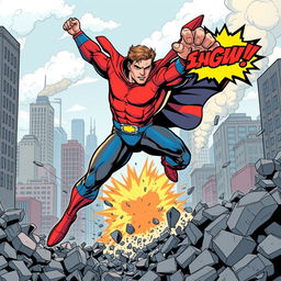 A dynamic superhero in action, depicted mid-leap with a powerful punch breaking through a wall of debris