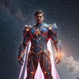 A futuristic hero wearing a celestial armor made of stardust, radiating cosmic energy