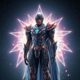 A futuristic hero wearing a celestial armor made of stardust, radiating cosmic energy