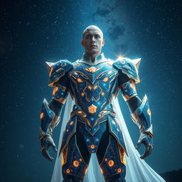 A futuristic hero wearing a celestial armor made of stardust, radiating cosmic energy