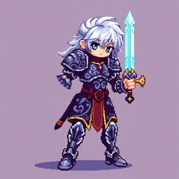 Pixel art of a silver-haired hero, 16x16 pixels, wearing a detailed armor with intricate patterns, holding a shimmering sword