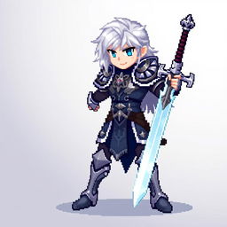 Pixel art of a silver-haired hero, 16x16 pixels, wearing a detailed armor with intricate patterns, holding a shimmering sword