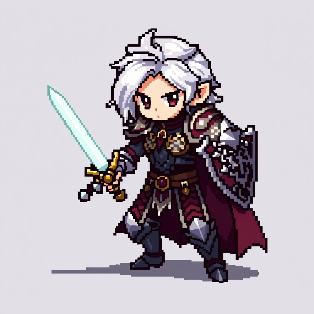 Pixel art of a silver-haired hero, 16x16 pixels, wearing a detailed armor with intricate patterns, holding a shimmering sword