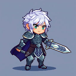 Pixel art of a silver-haired hero, 16x16 pixels, wearing a detailed armor with intricate patterns, holding a shimmering sword