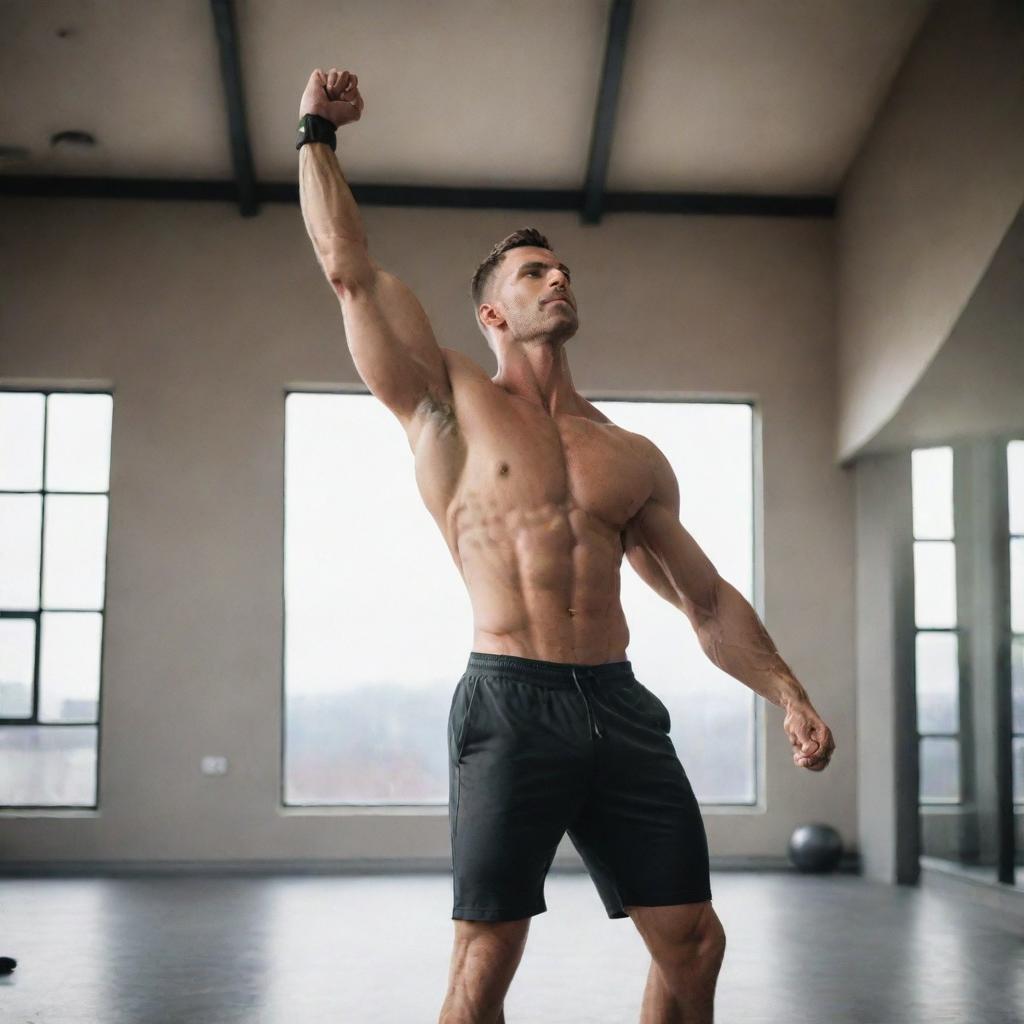 A towering, muscular man stretching his robust body in a modern, well-lit gym