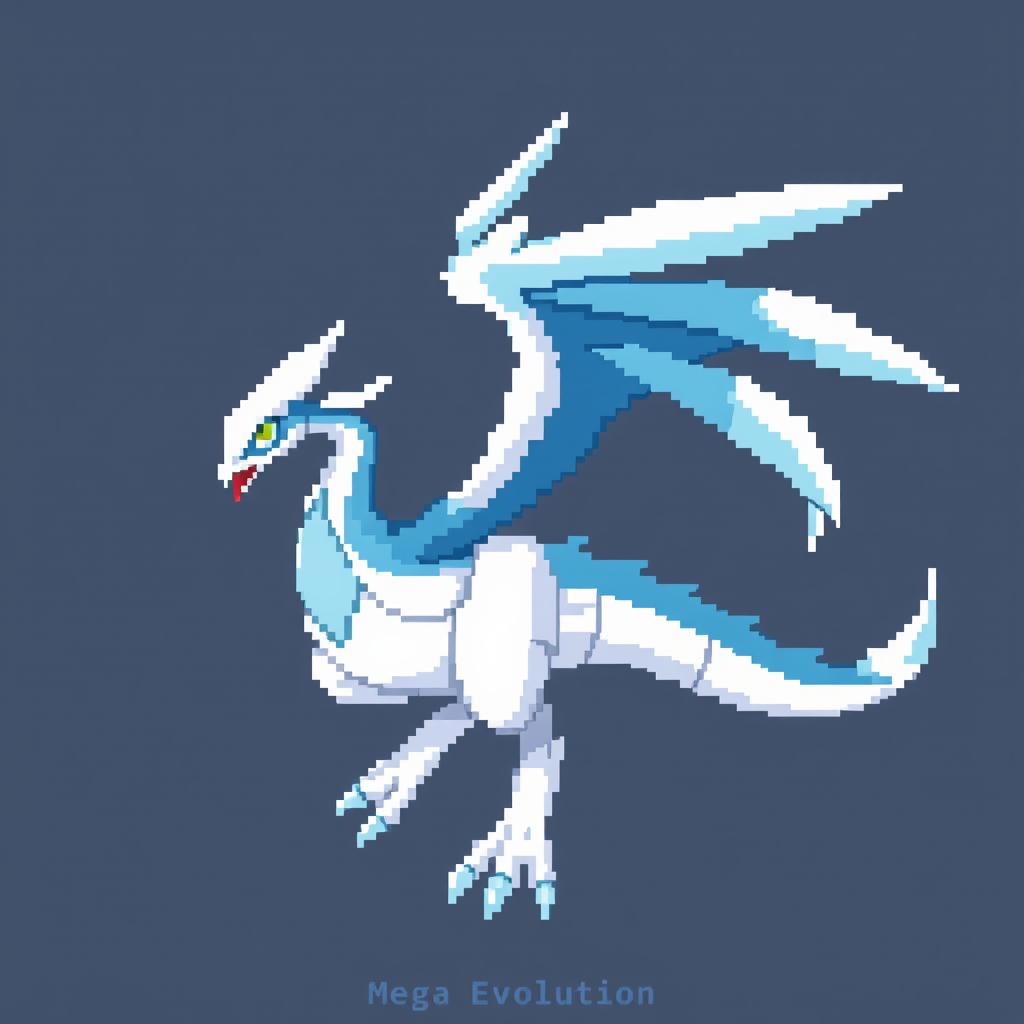 Mega Evolution of Lugia in pixel art style, designed with a 16 x 16 grid