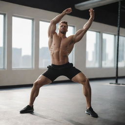 A towering, muscular man stretching his robust body in a modern, well-lit gym