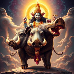 The majestic boar, Varaha Avatar, representing Lord Vishnu's grandeur, stands powerfully with a divine presence