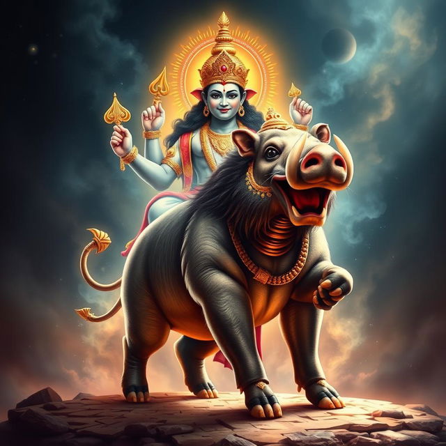 The majestic boar, Varaha Avatar, representing Lord Vishnu's grandeur, stands powerfully with a divine presence