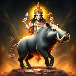 The majestic boar, Varaha Avatar, representing Lord Vishnu's grandeur, stands powerfully with a divine presence