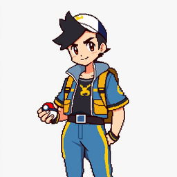 A 16x16 pixel art of a Pokémon trainer with gold accents, featuring a traditional Pokémon trainer uniform with a modern twist