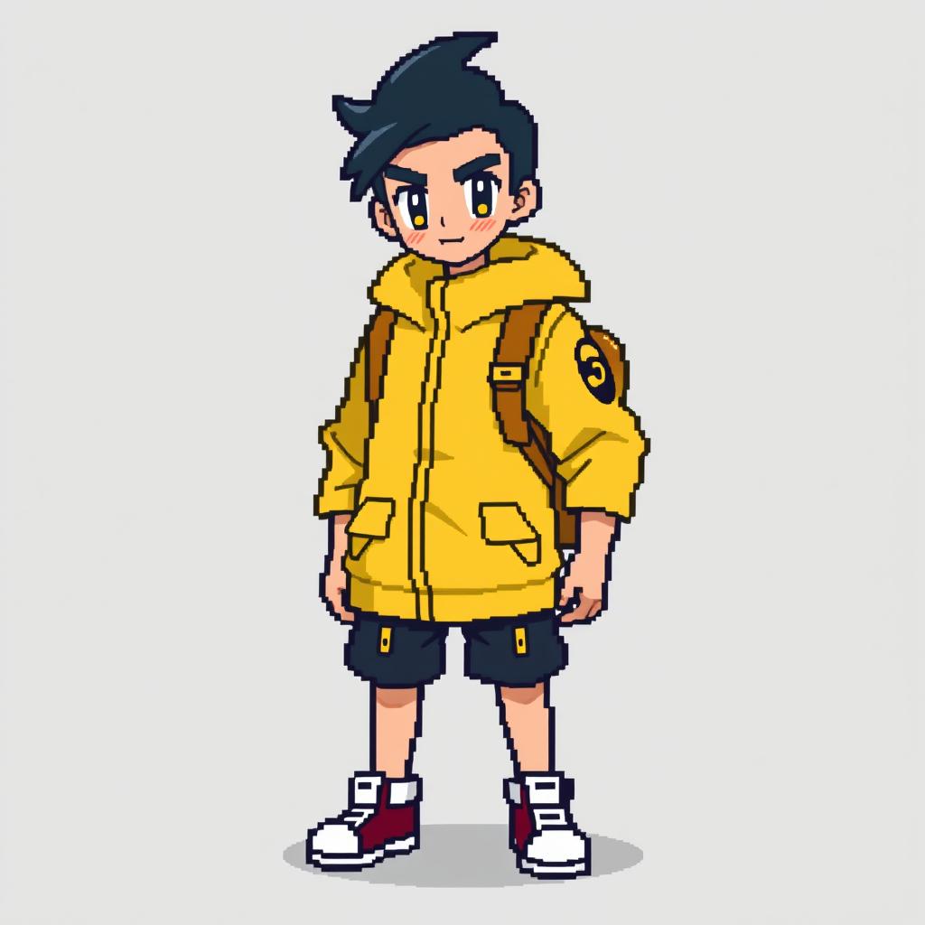 A 16x16 pixel art of a Pokémon trainer with gold accents, featuring a traditional Pokémon trainer uniform with a modern twist