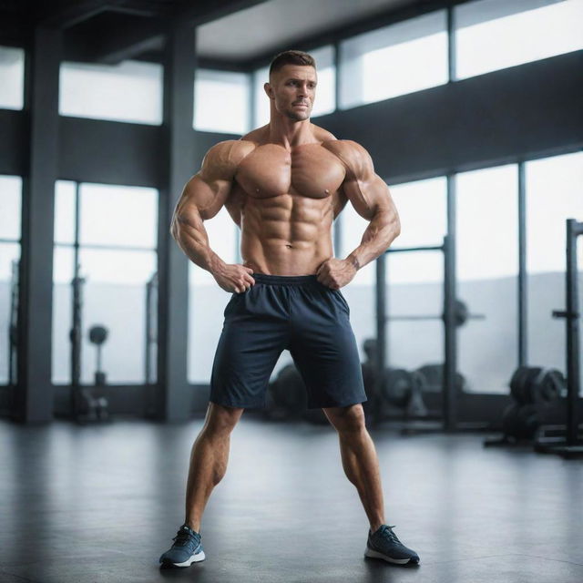 A towering, muscular man stretching his robust body in a modern, well-lit gym