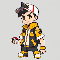 A 16x16 pixel art of a Pokémon trainer with gold accents, featuring a traditional Pokémon trainer uniform with a modern twist